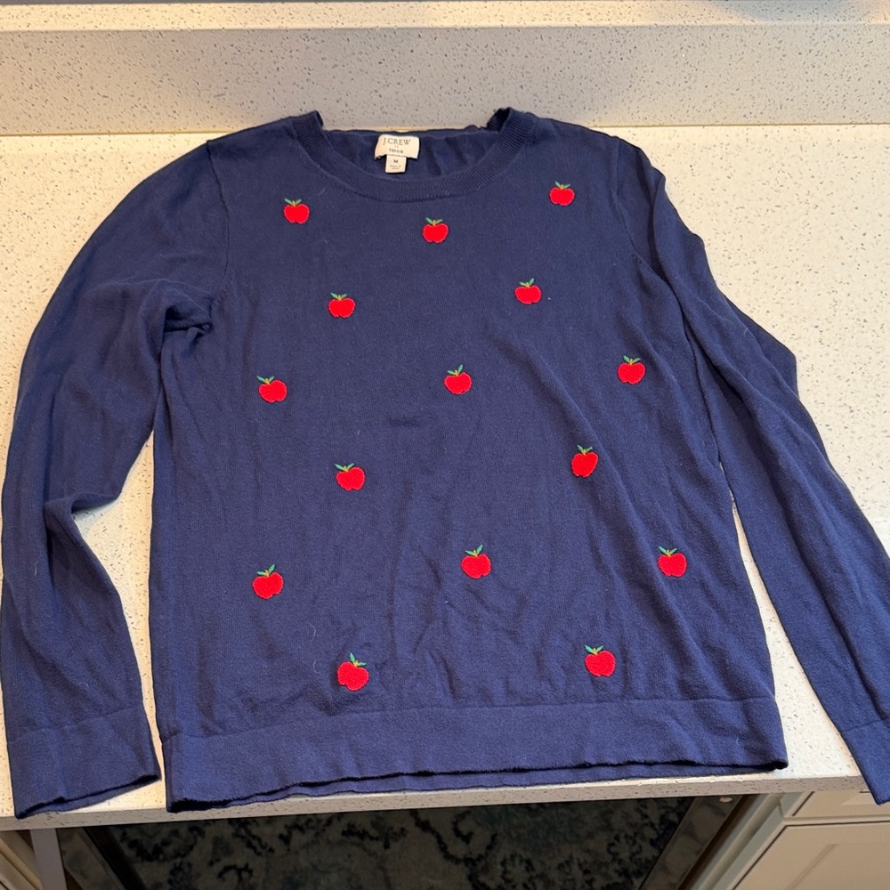 JCrew Navy Sweater with Red Apple Design